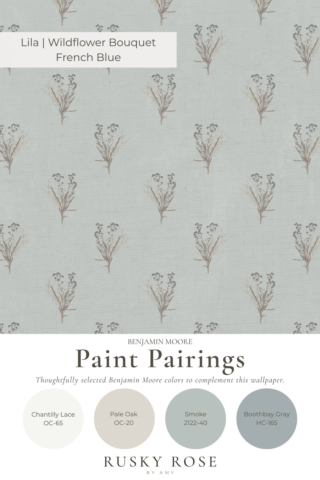 Wildflower bouquet wallpaper in French blue with delicate botanical motifs.