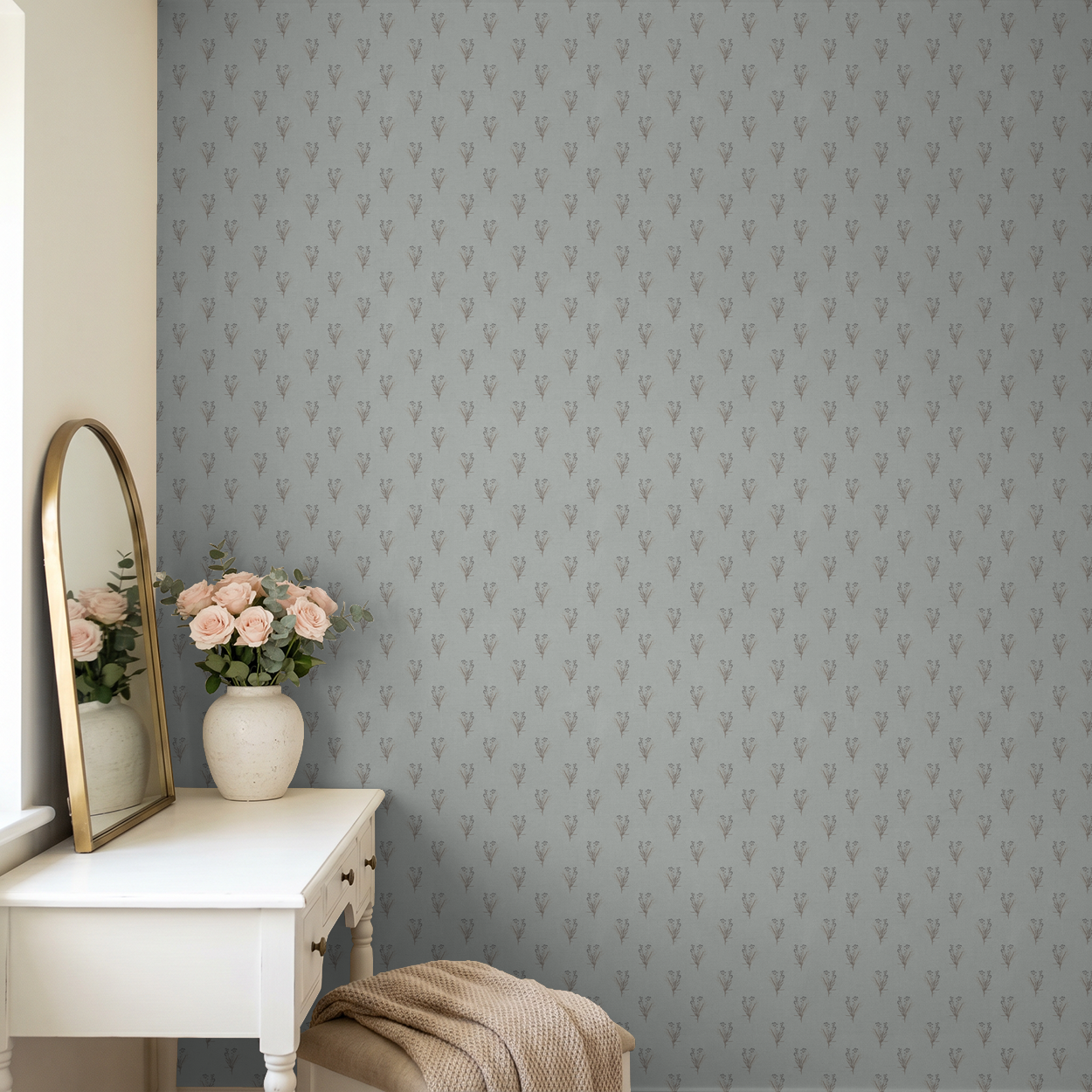 Wildflower bouquet wallpaper in French blue with floral motifs in elegant room setting.