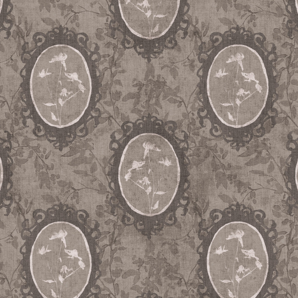 Wildflower cameo brown wallpaper with botanical motifs in ornate frames.