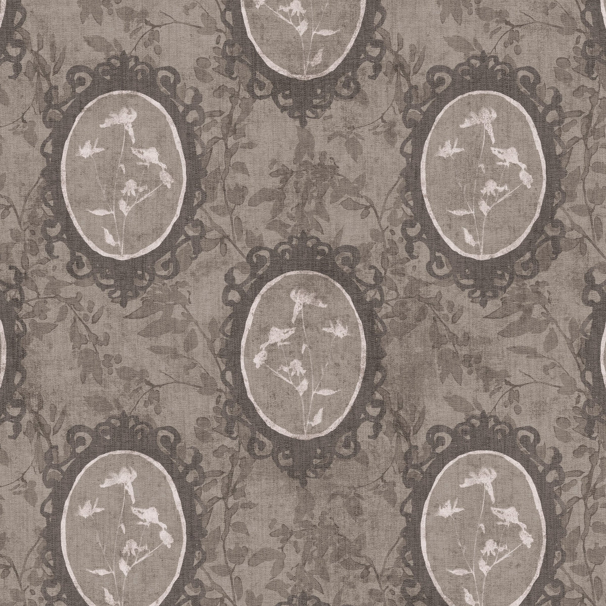Wildflower cameo brown wallpaper with botanical motifs in ornate frames.