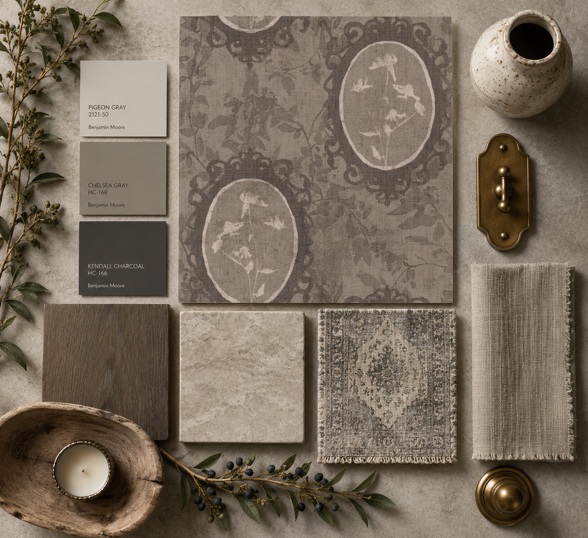 Wildflower Cameo Brown wallpaper with botanical motifs in a vintage sample setting.