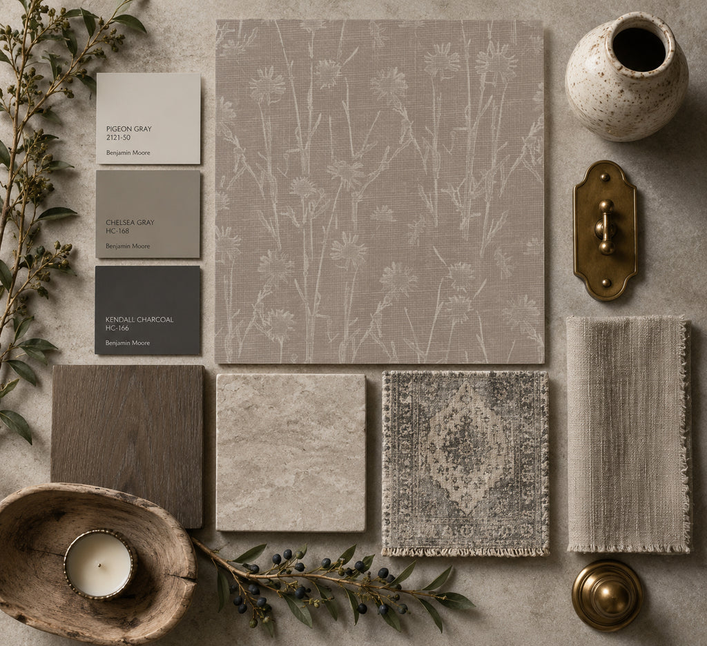 Wildflower Meadow Brown wallpaper sample with floral motifs, taupe backdrop, and decor elements.