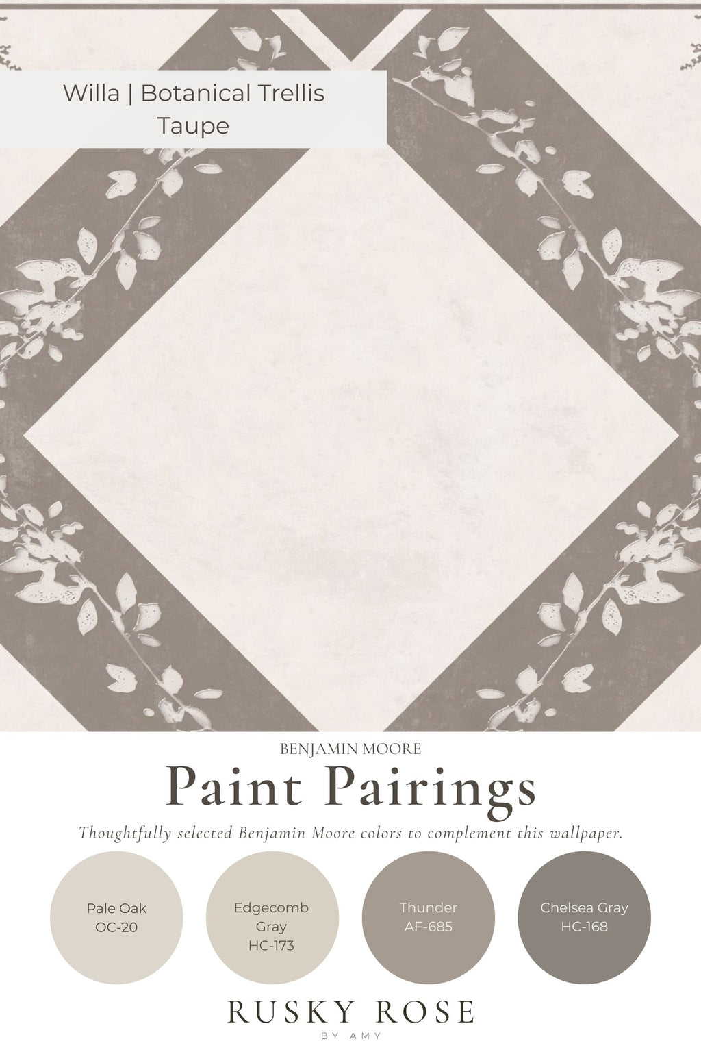 Willa Botanical Trellis Taupe wallpaper with floral geometric pattern and paint pairings.